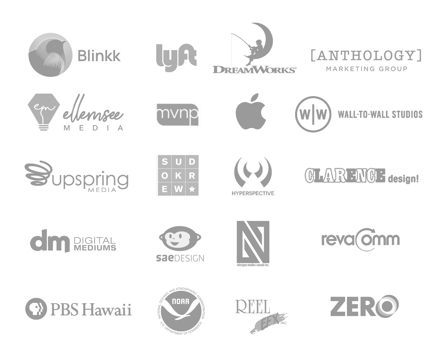Logos of Companies - Ikayzo, MVNP, Apple, Wall-to-Wall Studios, Upspring Media, Sudokrew, Hyperspective Media, Clarence Lee Design, Digital Mediums, Sae Design, Nitrogen Studios, Revacomm, PBS Hawaii, NOAA, Reel EFX, Zero