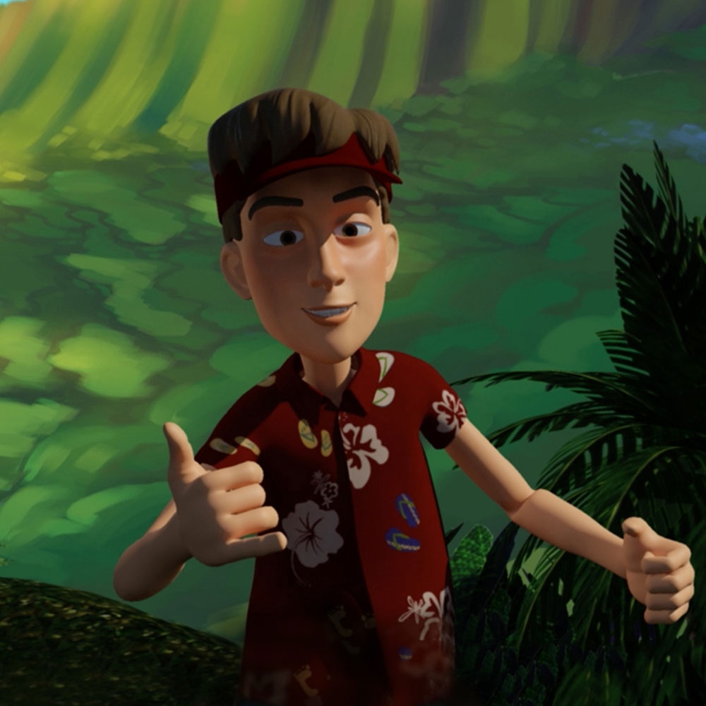 NMA Animation - screenshot image of the 3D rendered main character doing a shaka with his hand - taken from the student film Chasing Paradise